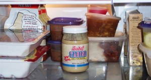 fridge-inside3 Sesame tahini (for hummus), ground pork and turkey (for Swedish meatballs), leftover Chinese, homemade creamy black bean tomato soup, and A&W Root Beer Floats.