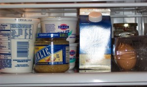 fridge-inside4 Fat-free sour cream, minced garlic, Greek yogurt, French Vanilla soymilk creamer (the shiny blue box), and cage-free eggs