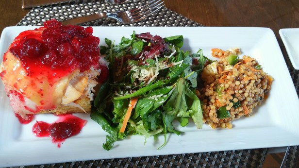 Willie Bird Smoked Turkey Sandwich - Smoked Turkey, Amish Cheddar, Cranberry Chutney, Herb Aioli, Open faced Corn Bread Served with a cold Israeli couscous salad and some lightly dressed greens